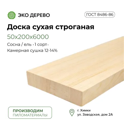Доска сухая строганая 50х200х6000 (45х195х6000)
